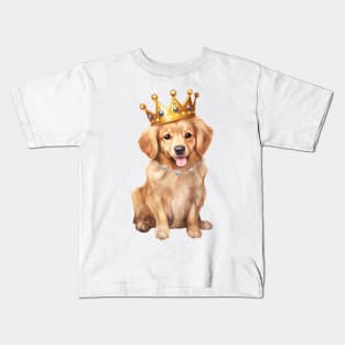 Watercolor Golden Retriever Dog Wearing a Crown Kids T-Shirt